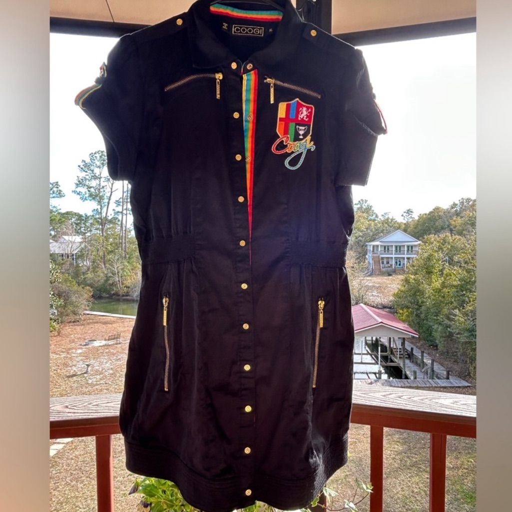 Coogi Black Patch Utility Dress With Multicolor Accents And Gold Hardware Sz- Xl